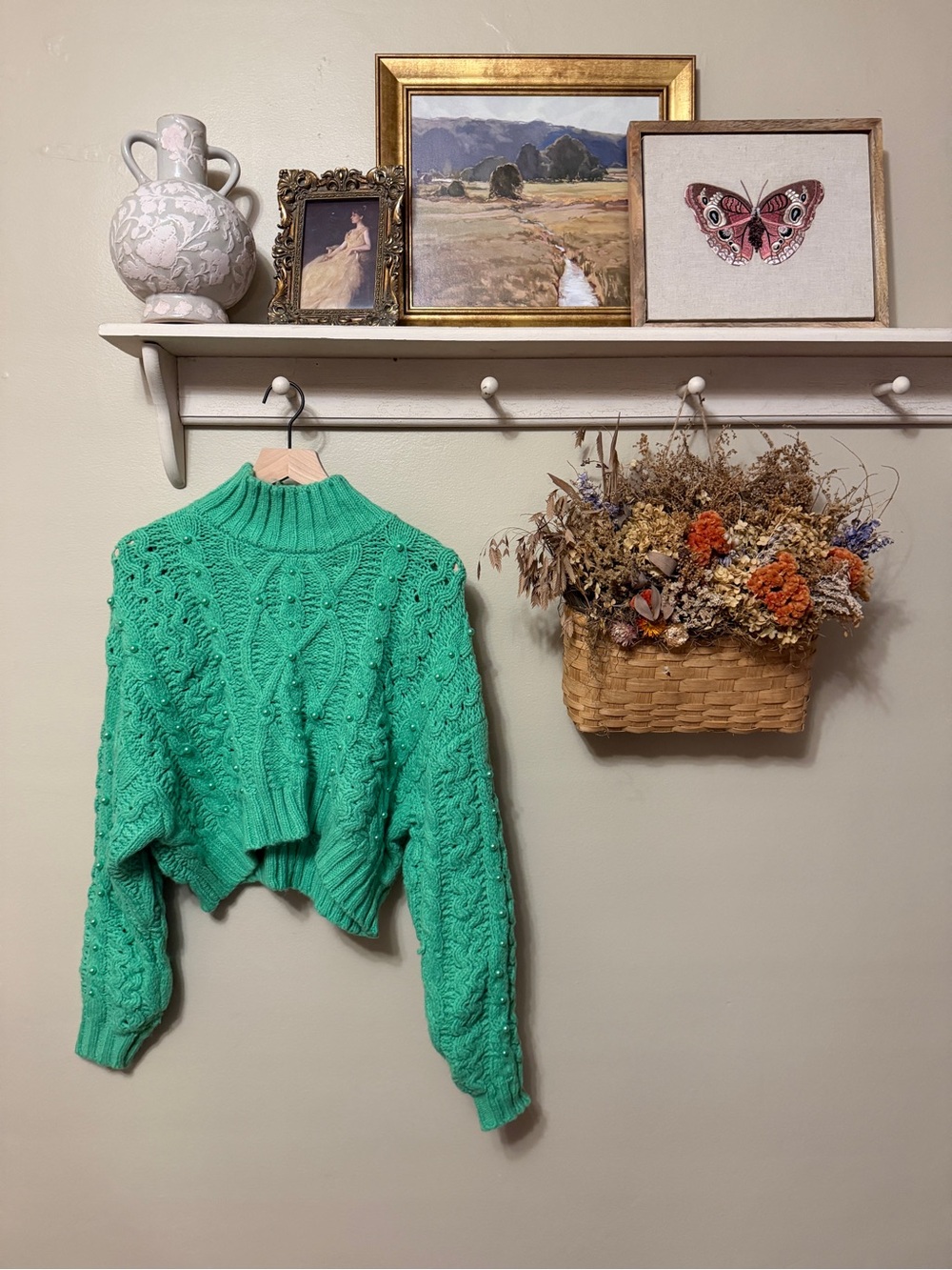 Zara Green Cable Knit Turtleneck Cropped Sweater